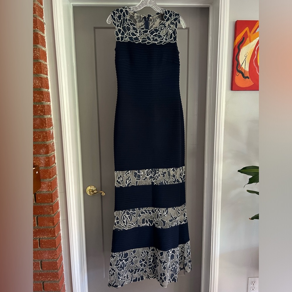 Betsy Adam dark blue lacey formal gown